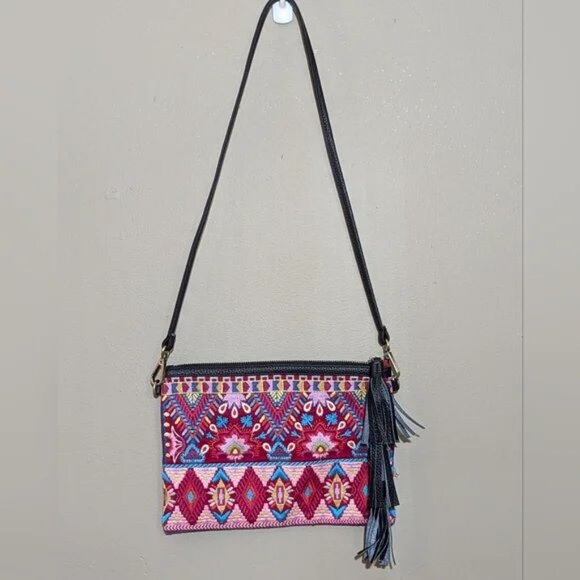 Johnny Was Laurell Fringe Floral Embroidery Bag Zip Handbag Black Pink Purse NEW - Picture 3 of 9